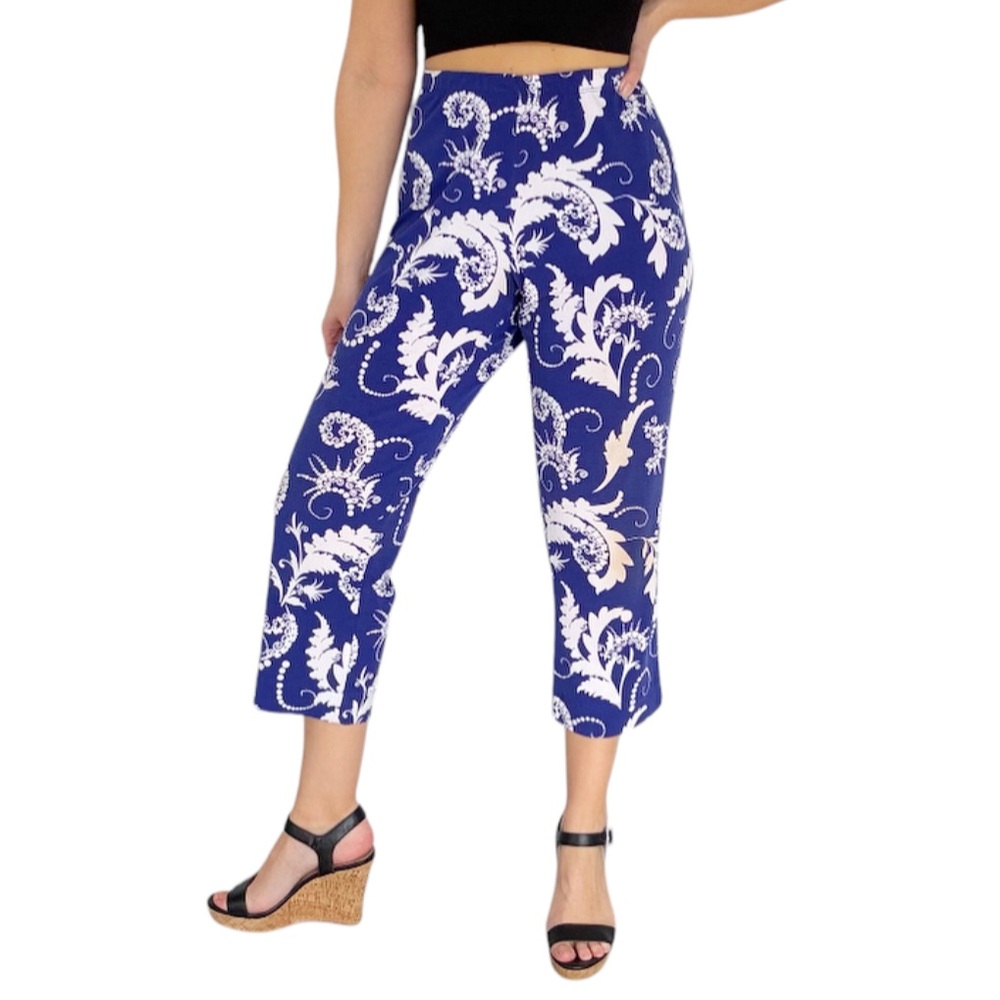 Clara Sun Woo blue white floral stretch crop capri pants size XL